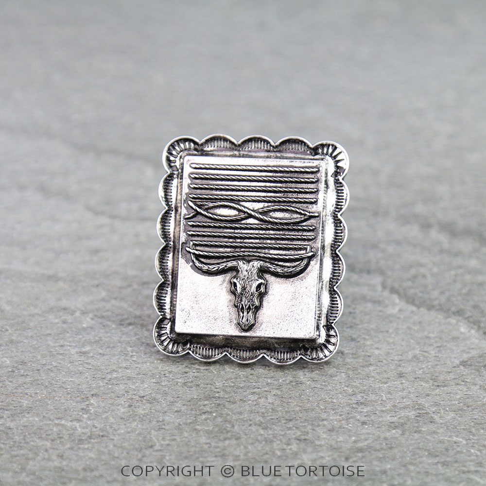 Western Boot Stitch Steer Skull Cuff Ring