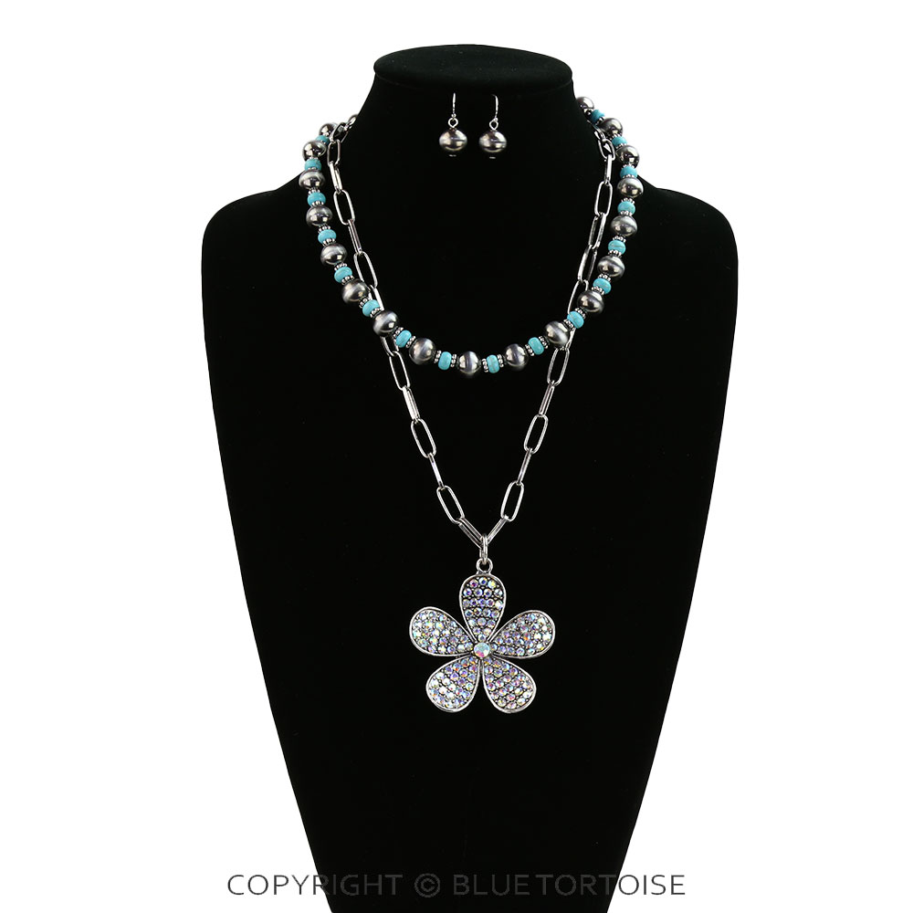2 Layered Western Flower Pendant Necklace Set - Image 2
