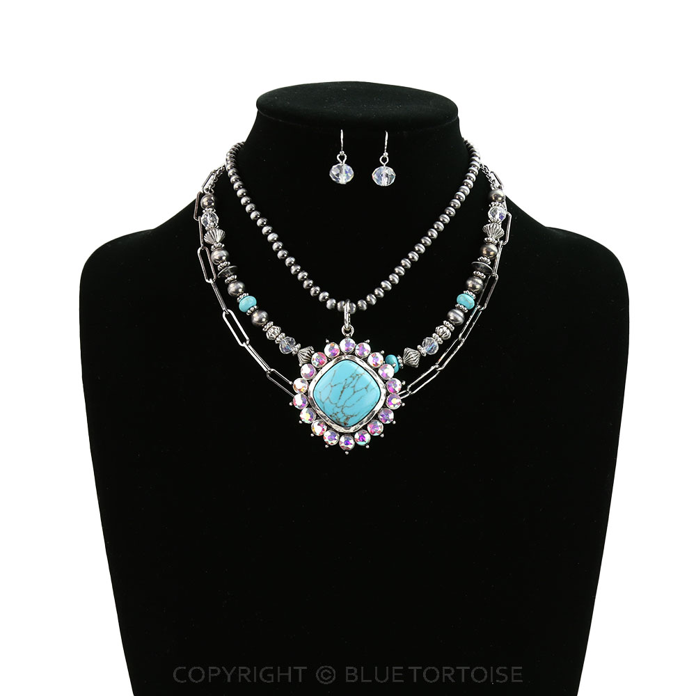 3 Layered Western Concho Stone Pendant Necklace Set - Image 2