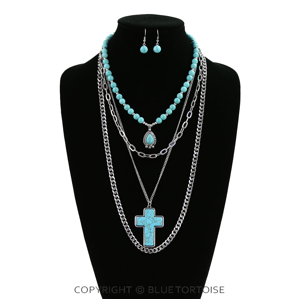 4 Layered Western Cross Stone Necklace Set - Image 2