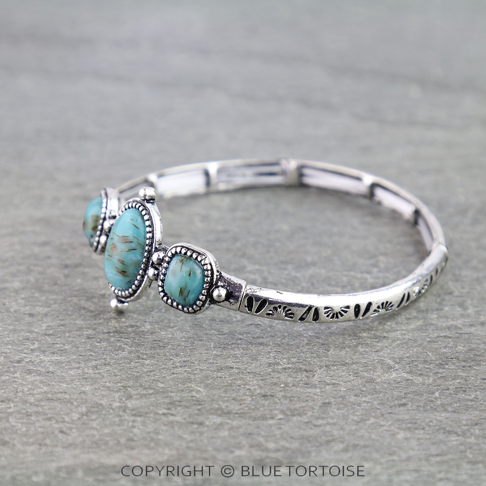 Western Aztec TXR Oval Hand Stone Stretch Bracelet - Image 2