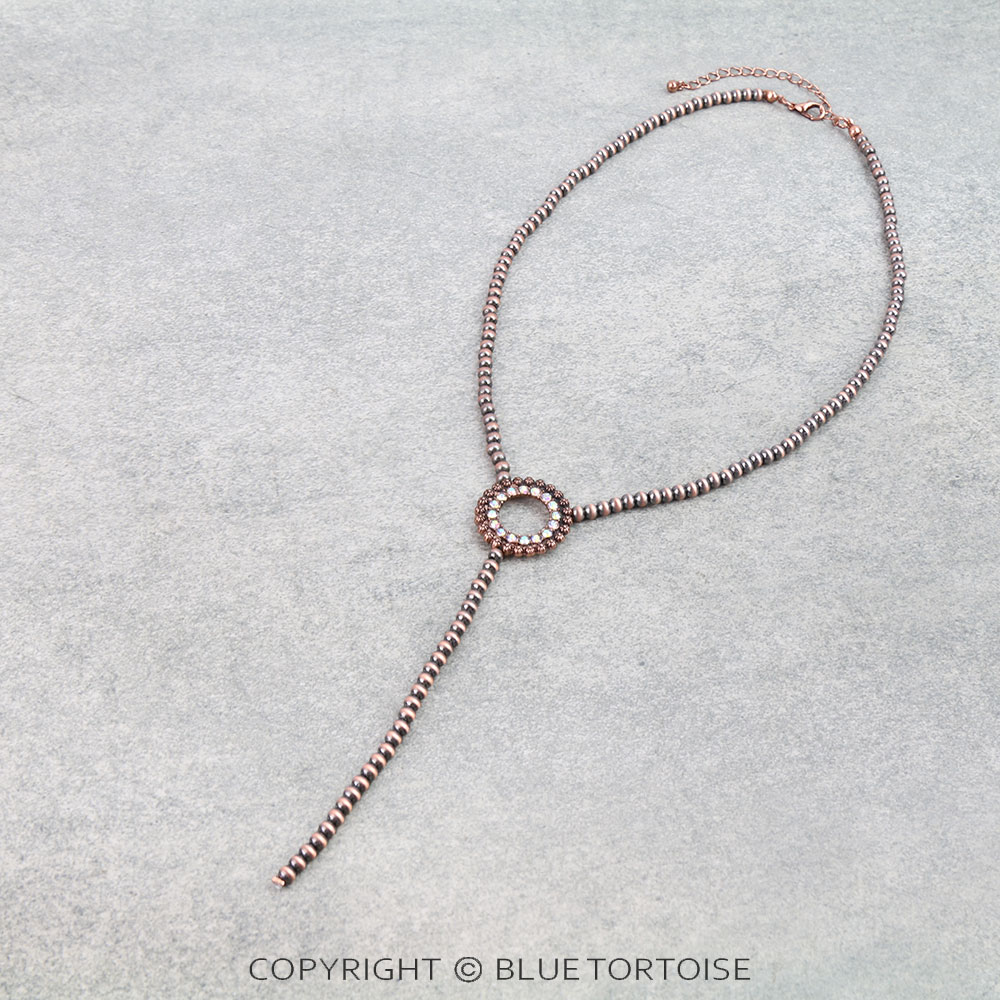 Western Edged Circle Pave Stone Bolo Style Necklace