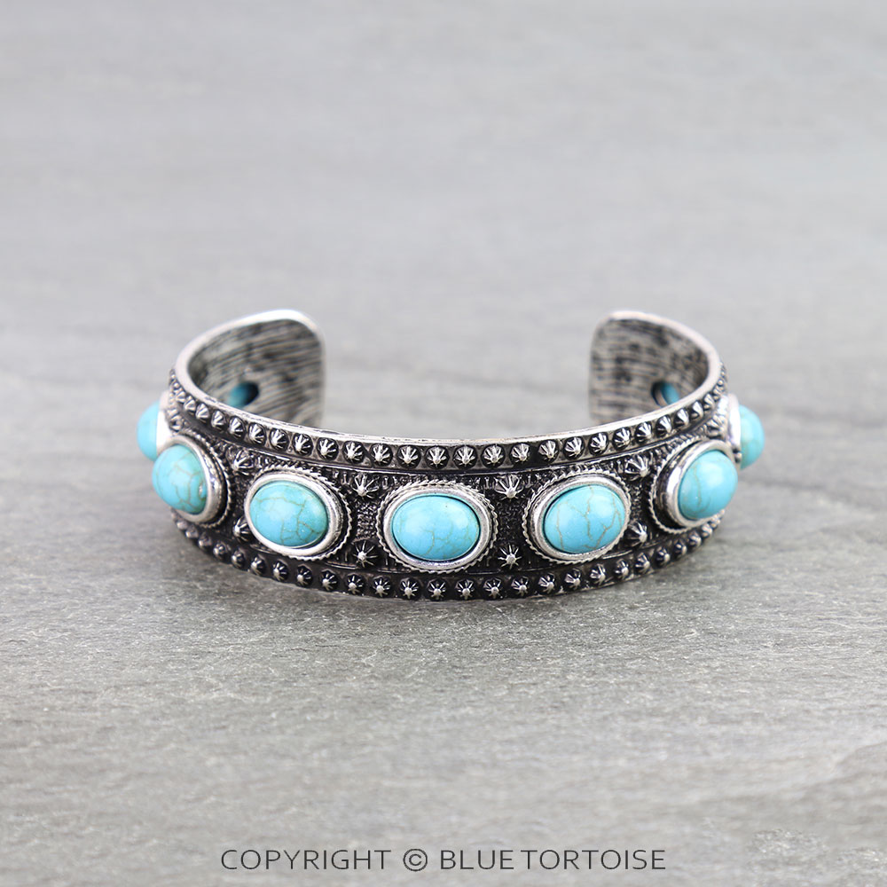 Western Engraved Oval Stone Cuff Bracelet