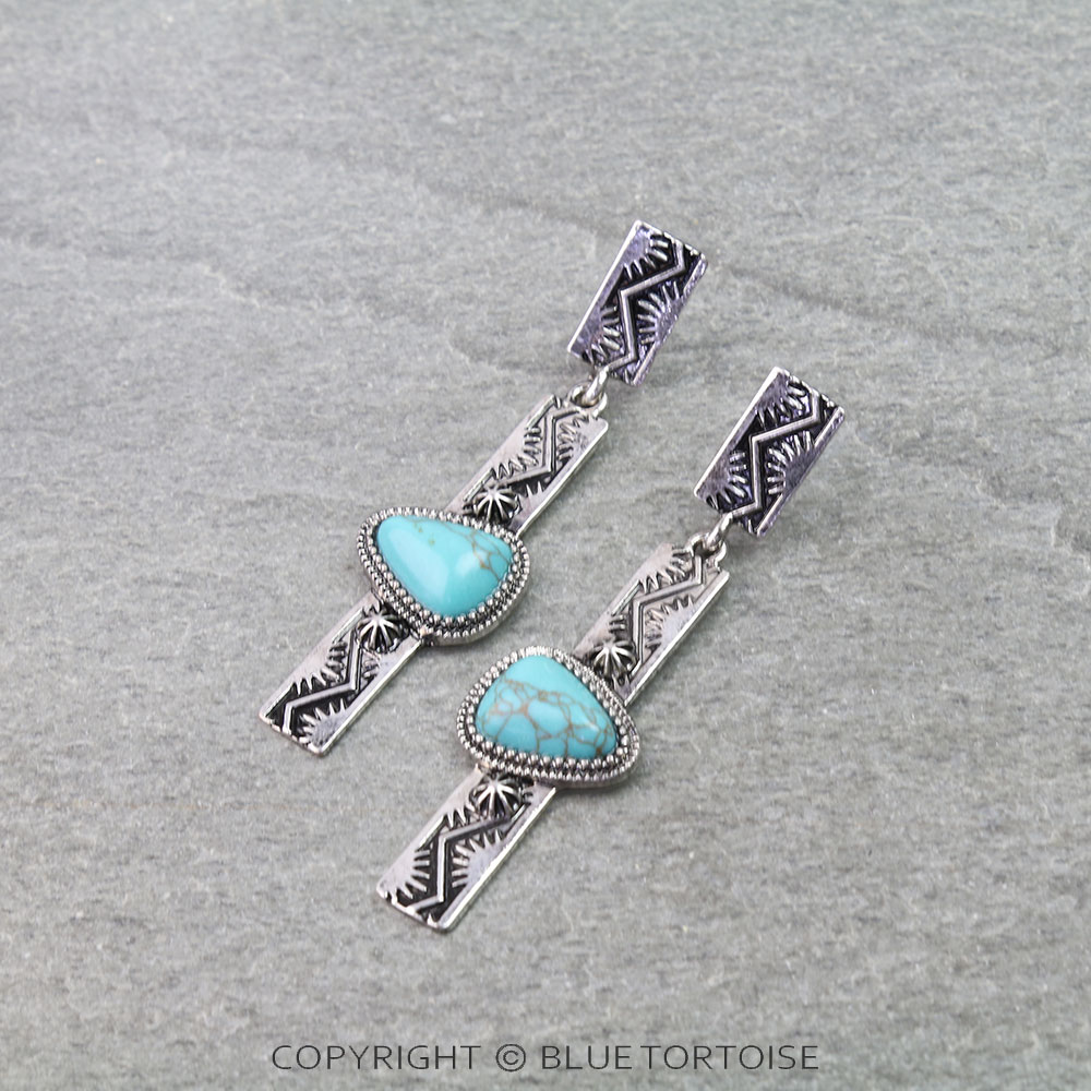 Western Engraved Bar Stone Stud Earrings