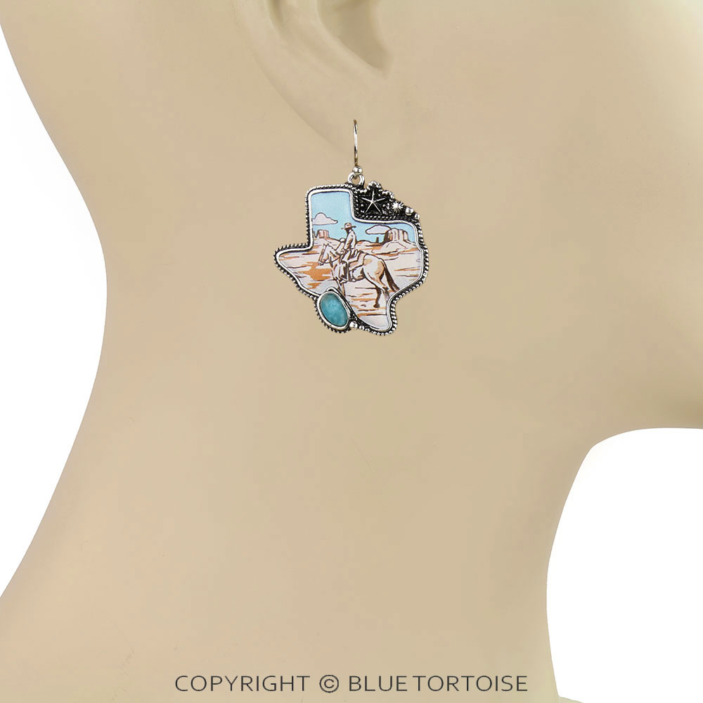 Western Cowboy Print Texas Map Dangle Earrings - Image 2
