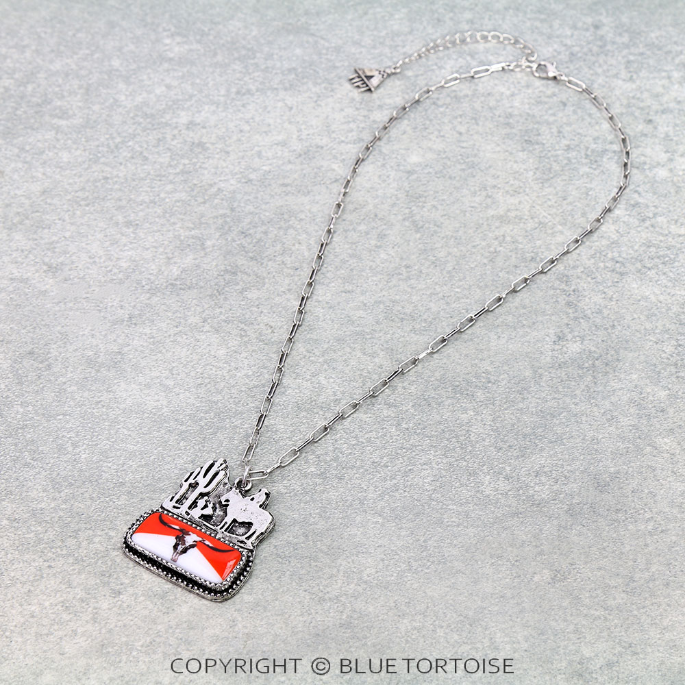 Western Red Steer Skull Silhouette Necklace
