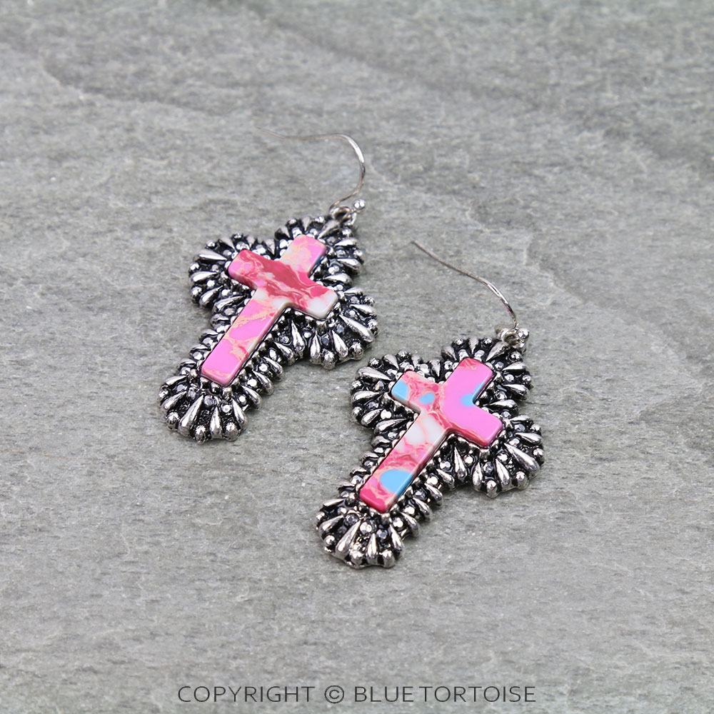 Western Cross Hand Stone Dangle Earrings