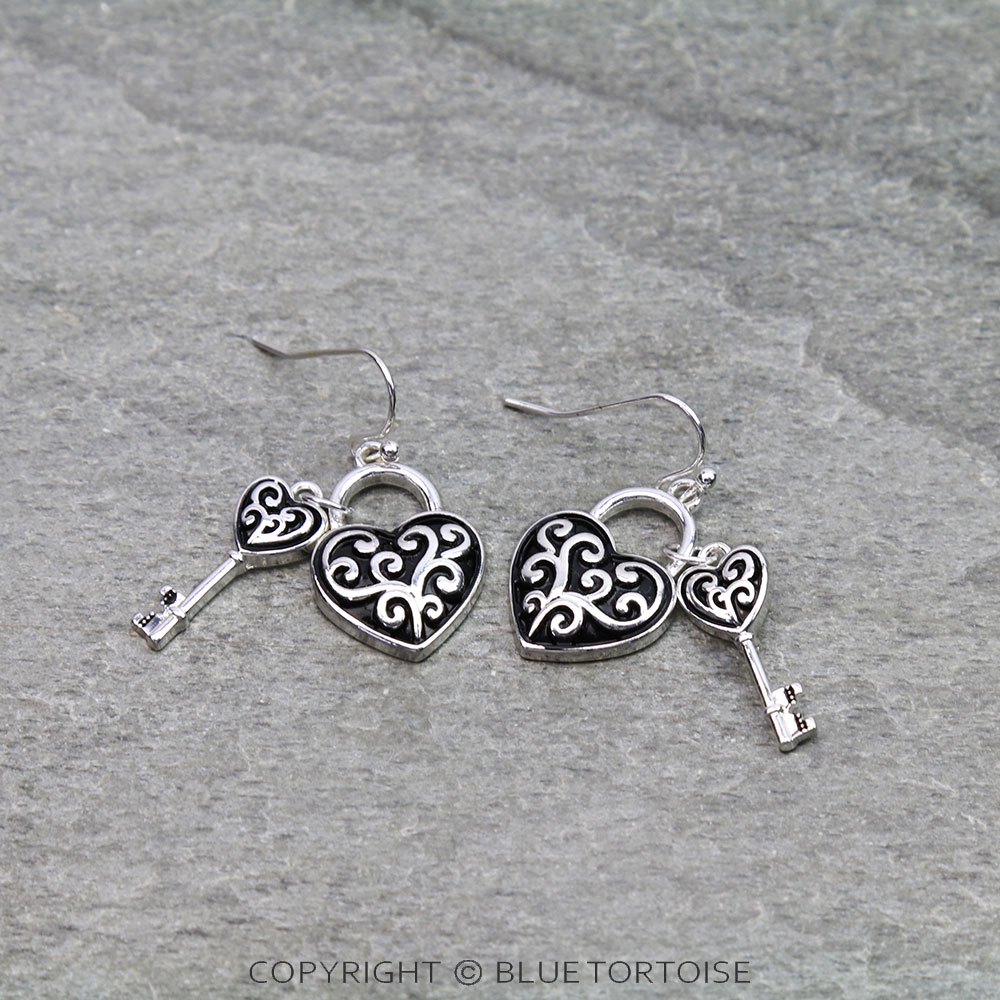 Tailored Heart & Key Dangle Earrings