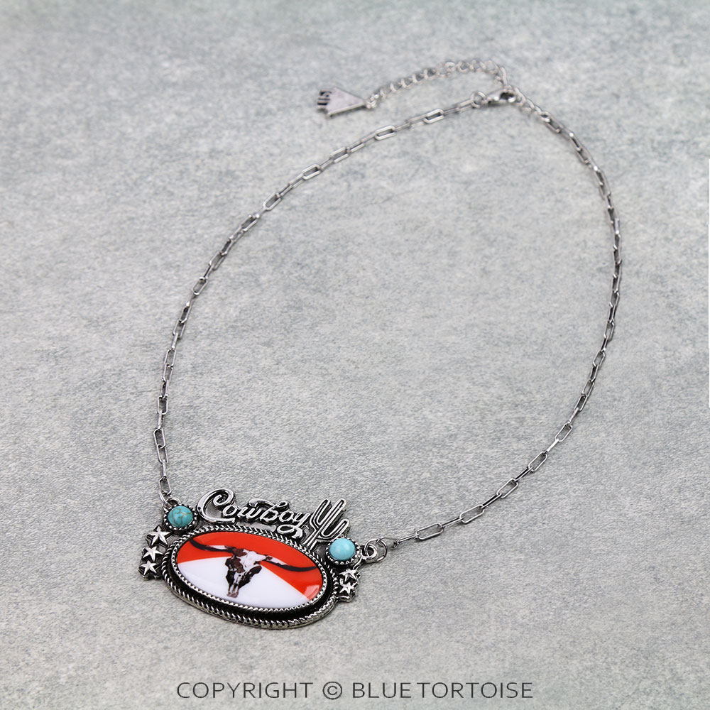 Western Red Steer Skull Cowboy Necklace