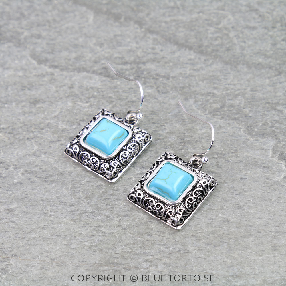 Tailored Filigree Square Stone Dangle Earrings