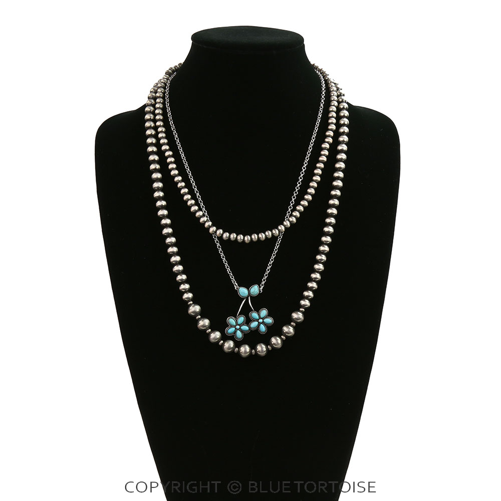 3 Layered Navajo Style Pearl with Cherry Stone Necklace - Image 2