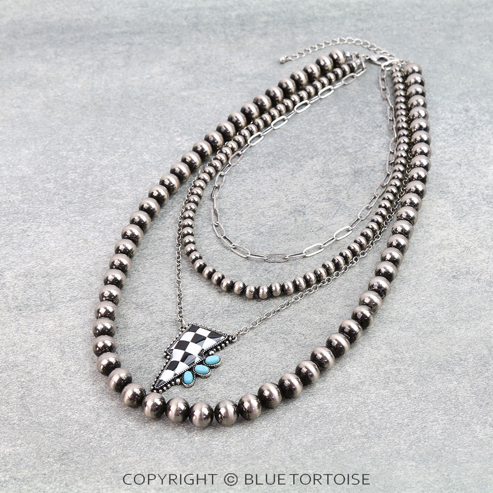4 Layered Navajo Style Pearl with Checker Thunder Necklace