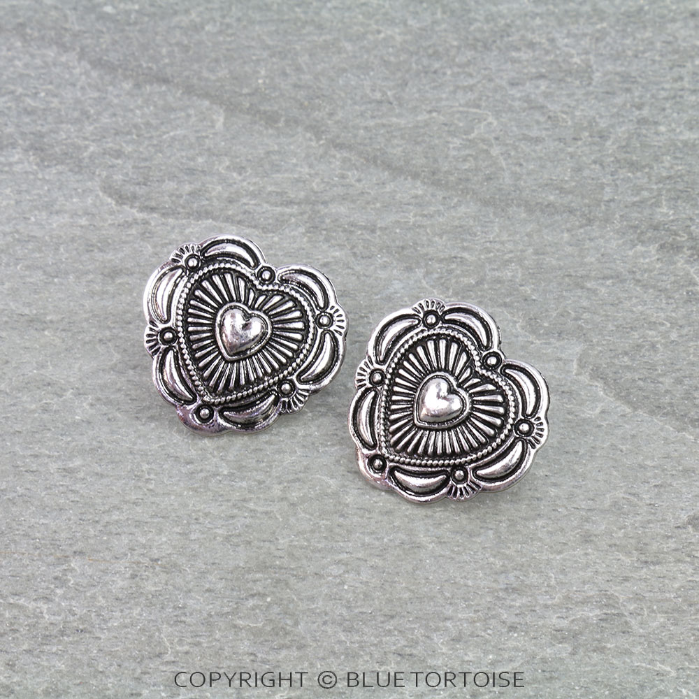 Western Bubble Heart Concho Stud Earrings