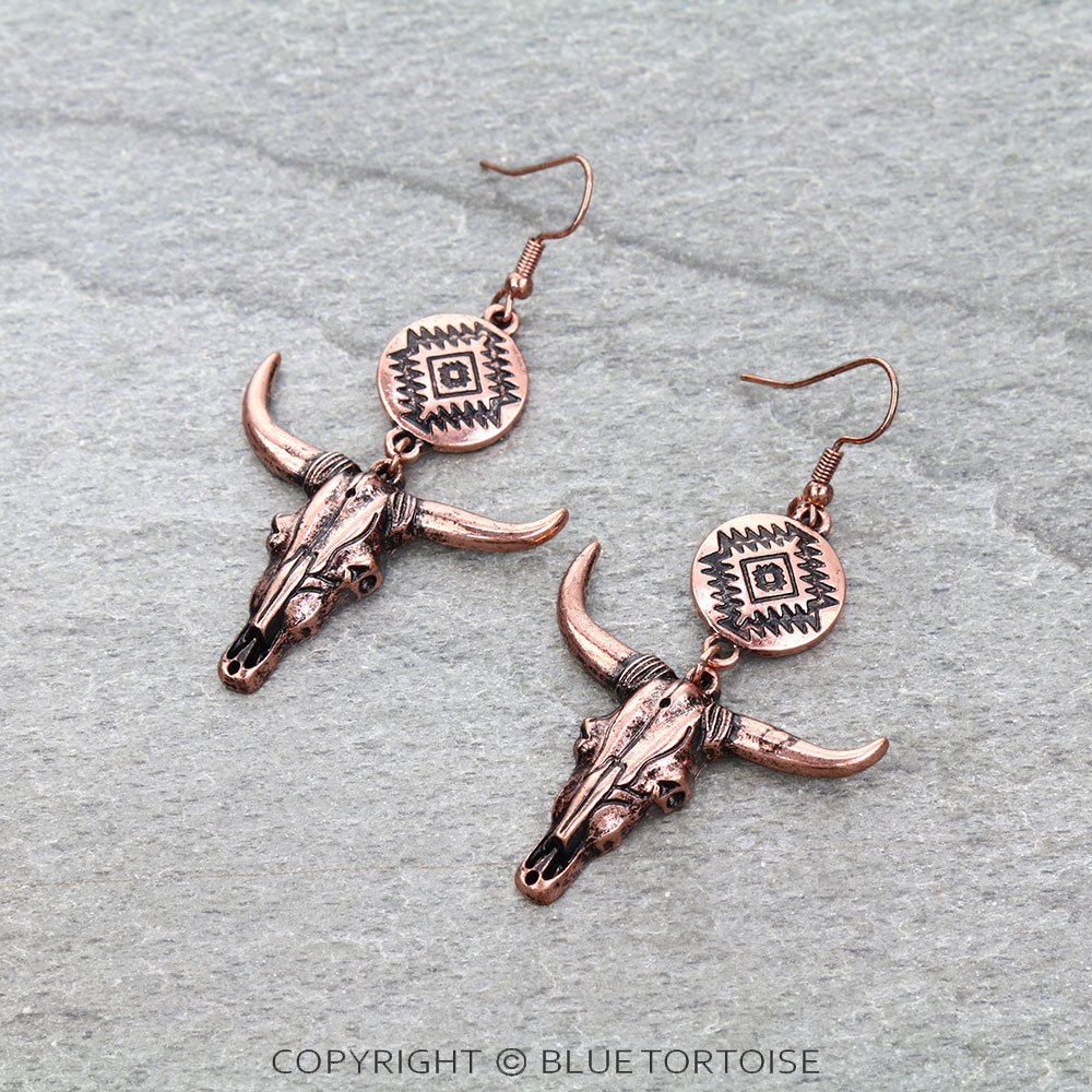Western Steer Skull & Aztec Dangle Earrings