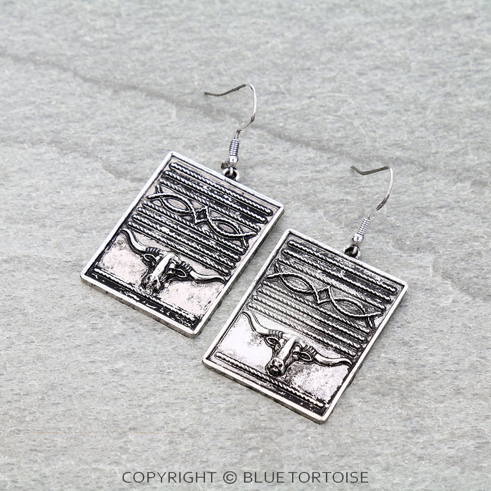 Western Steer Head Boot Stitch Dangle Earrings