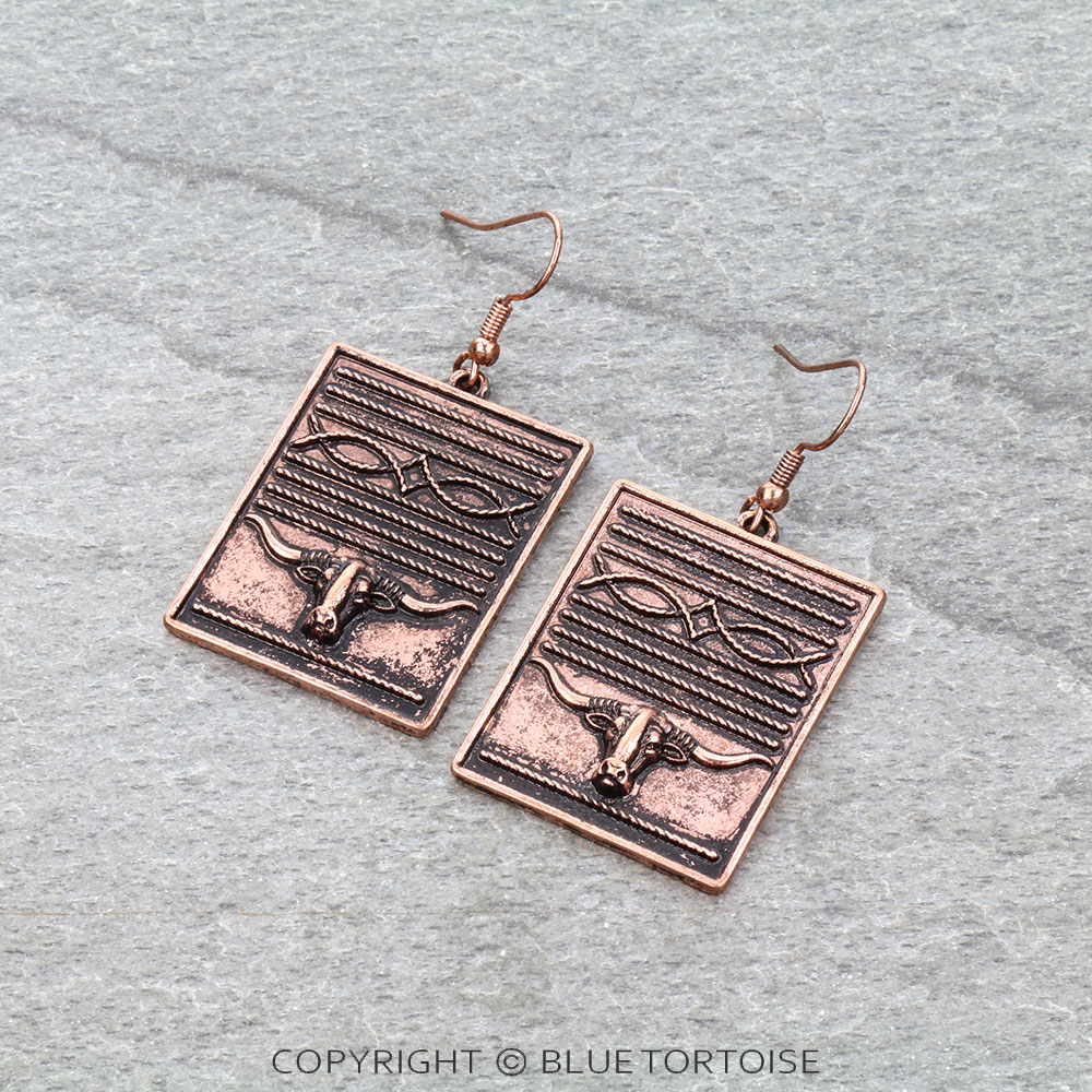 Western Steer Head Boot Stitch Dangle Earrings