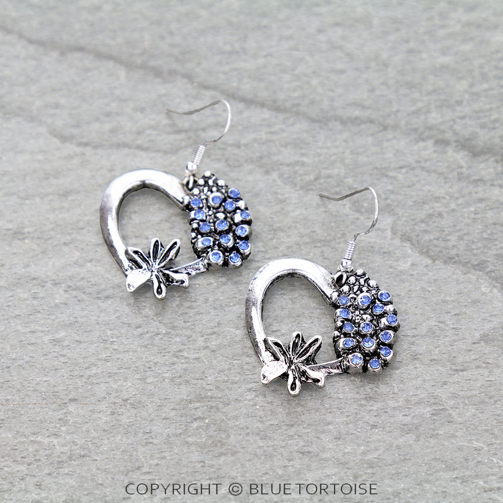 Western Blue Bonnet Heart Dangle Earrings