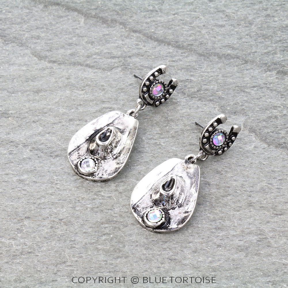 Western Horse Groove and Cowboy Hat Dangle Earrings