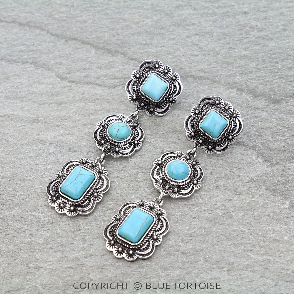 Western Concho Stone Drop Stud Earrings