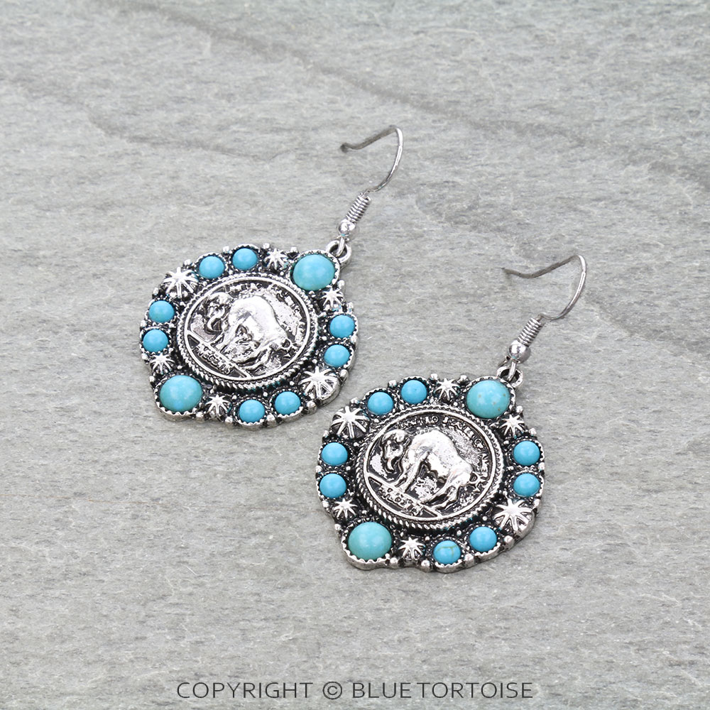 Western Buffalo Coin Stone Dangle Earrings