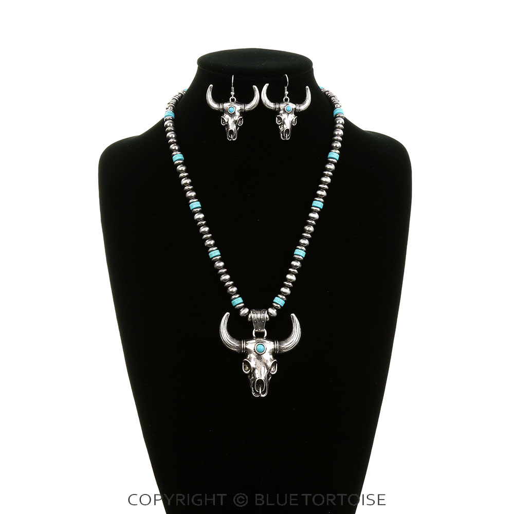 Western Steer Skull Pendant Necklace Set - Image 2