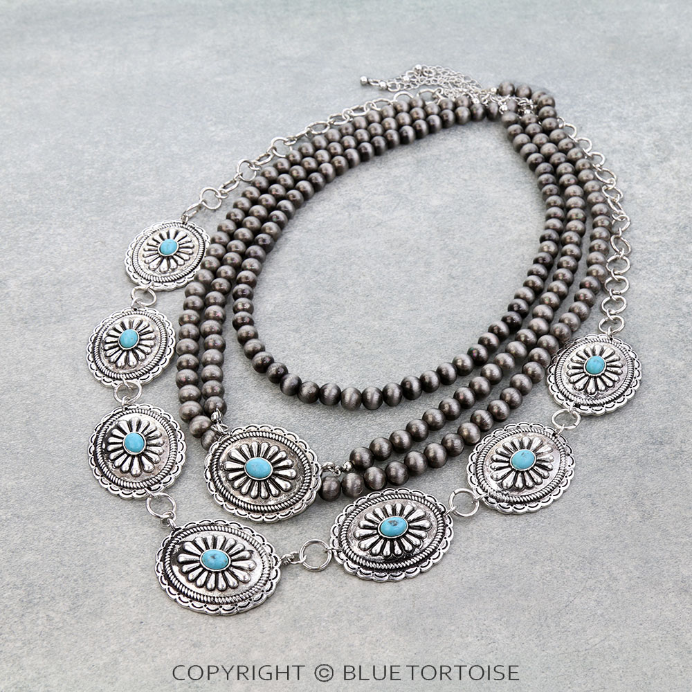 4 Layered Western Concho Stone Necklace