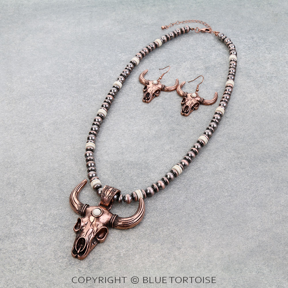 Western Steer Skull Pendant Necklace Set