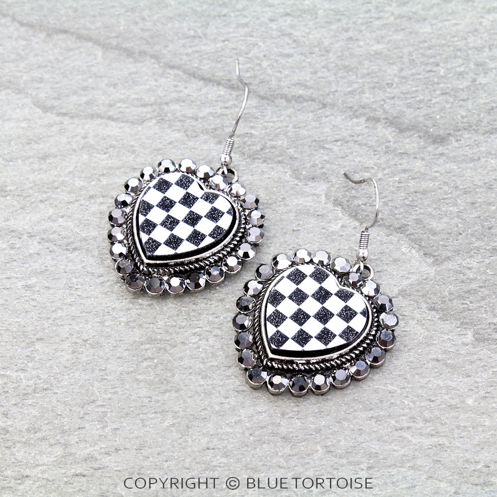Western Checker Heart Dangle Earrings
