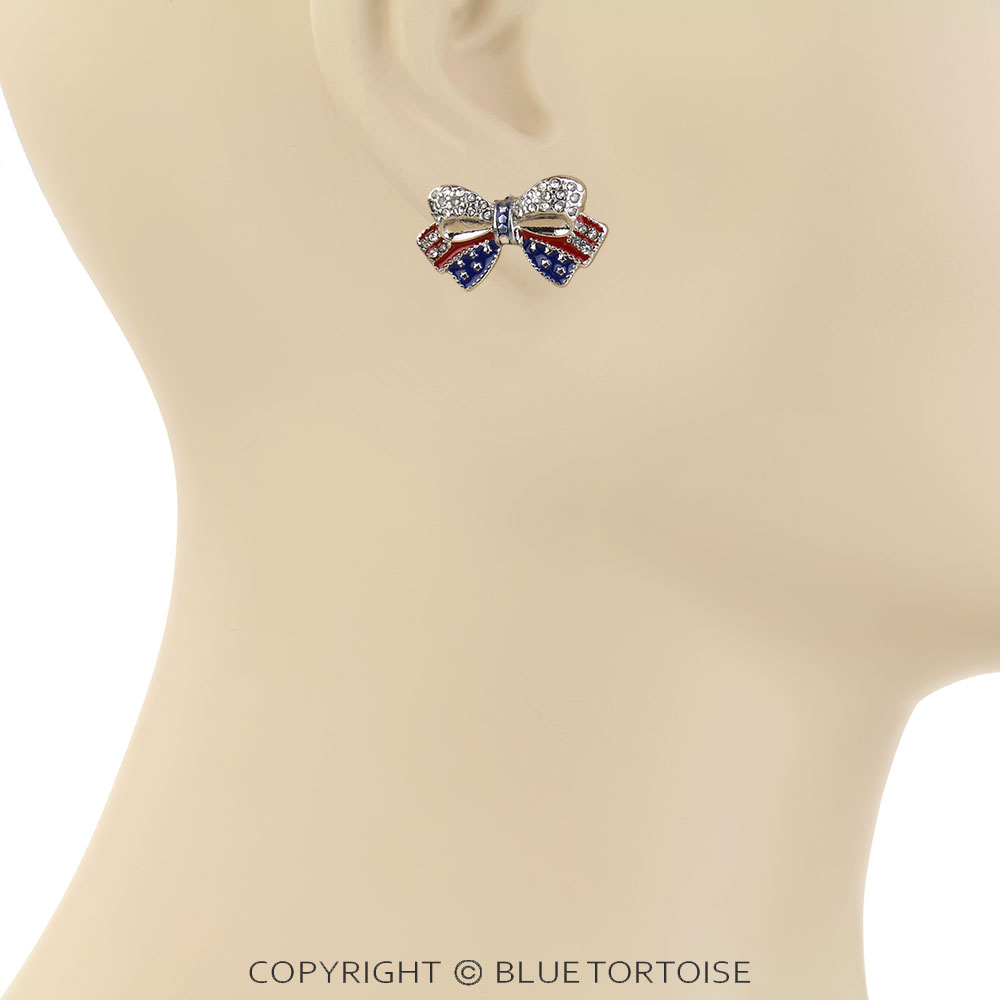 Patriotic Enameled Pave Stone Bow Stud Earrings - Image 2
