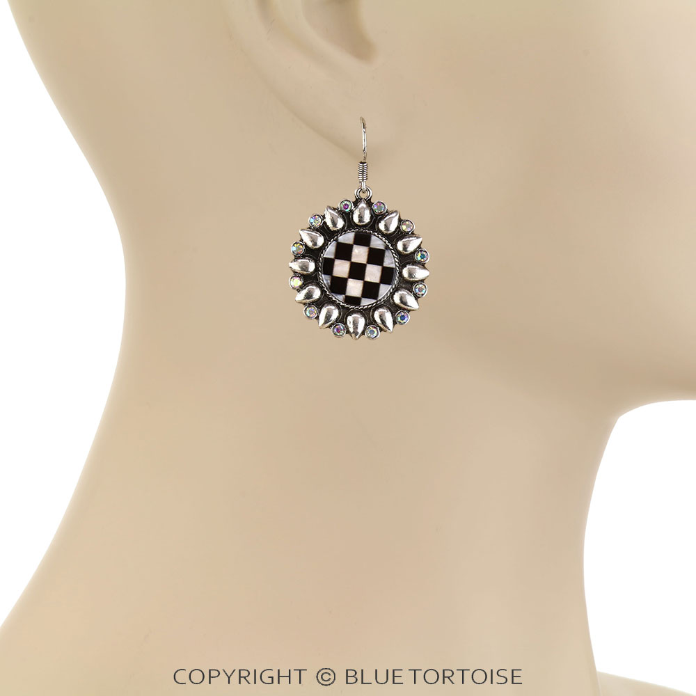 Western Checker Flower Dangle Earrings - Image 2