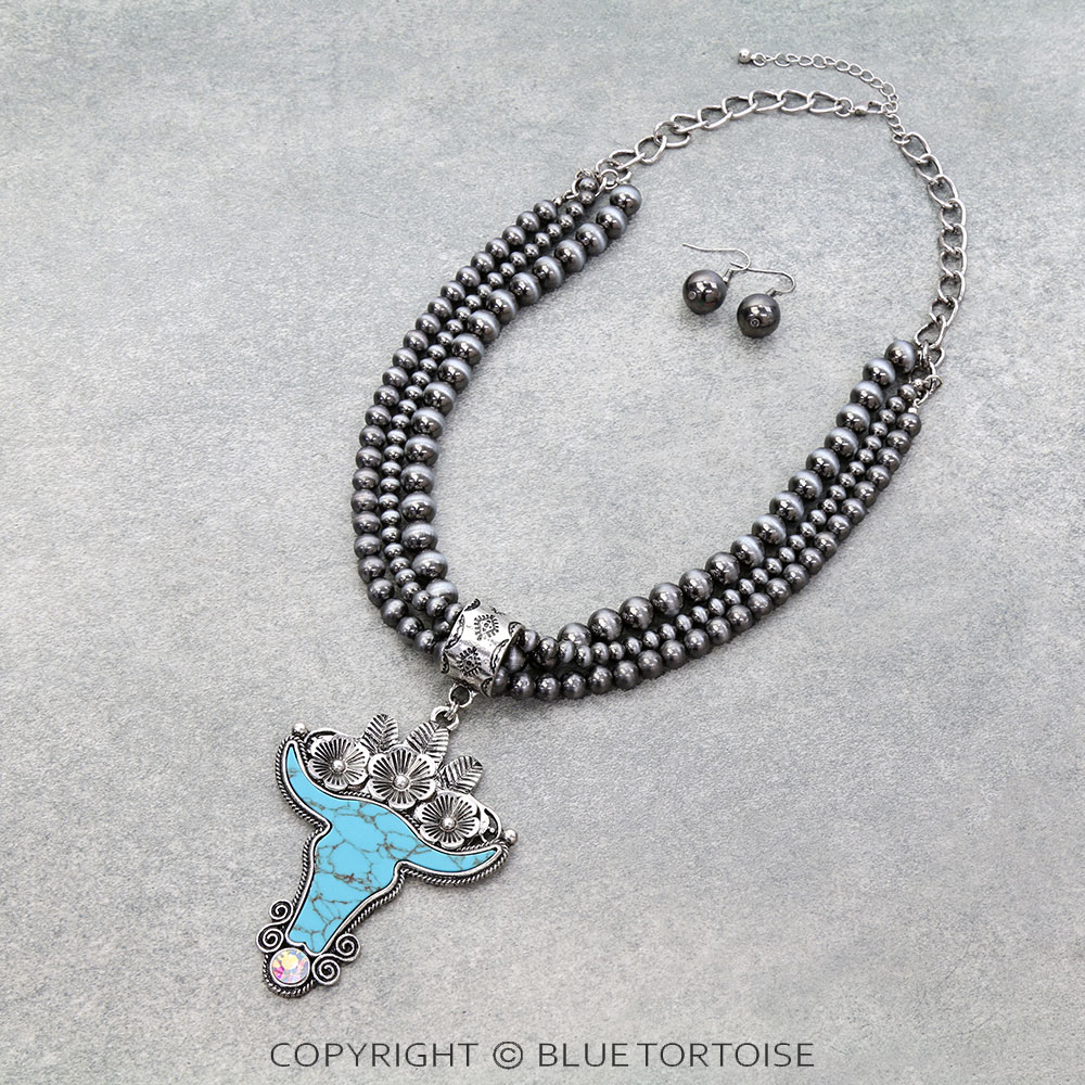 Western Steer Head Pendant Necklace Set