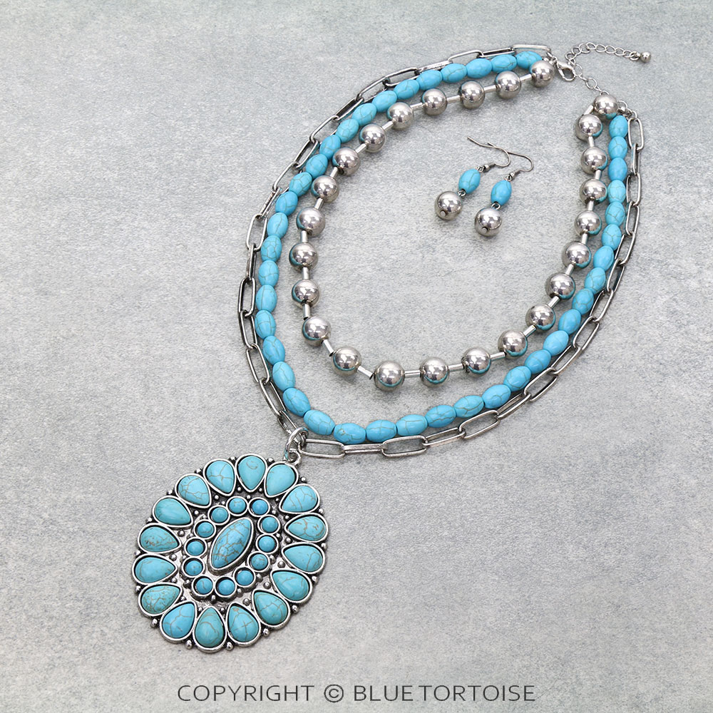 3 Layered Western Concho Stone Necklace Set
