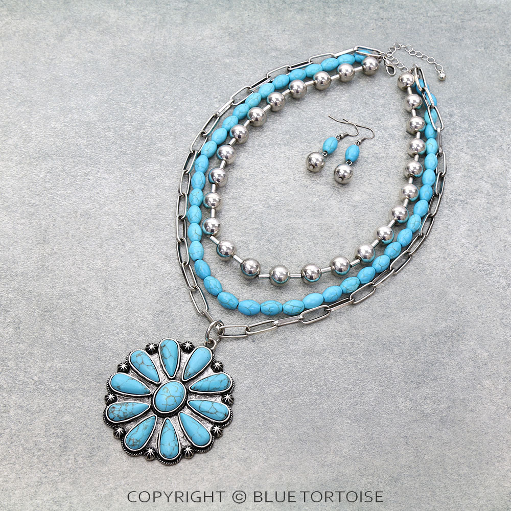 3 Layered Western Concho Stone Necklace Set