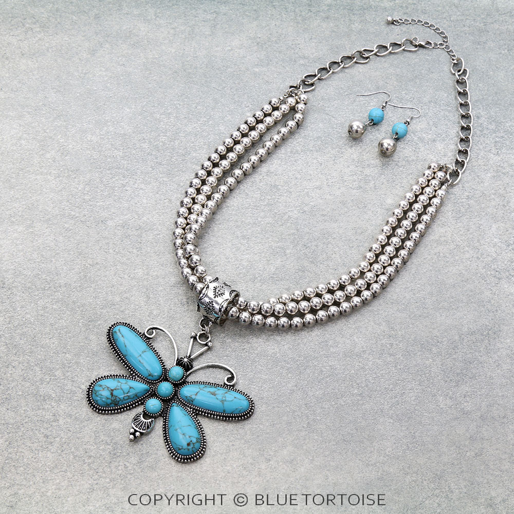 Western Butterfly Pendant Layered Necklace Set