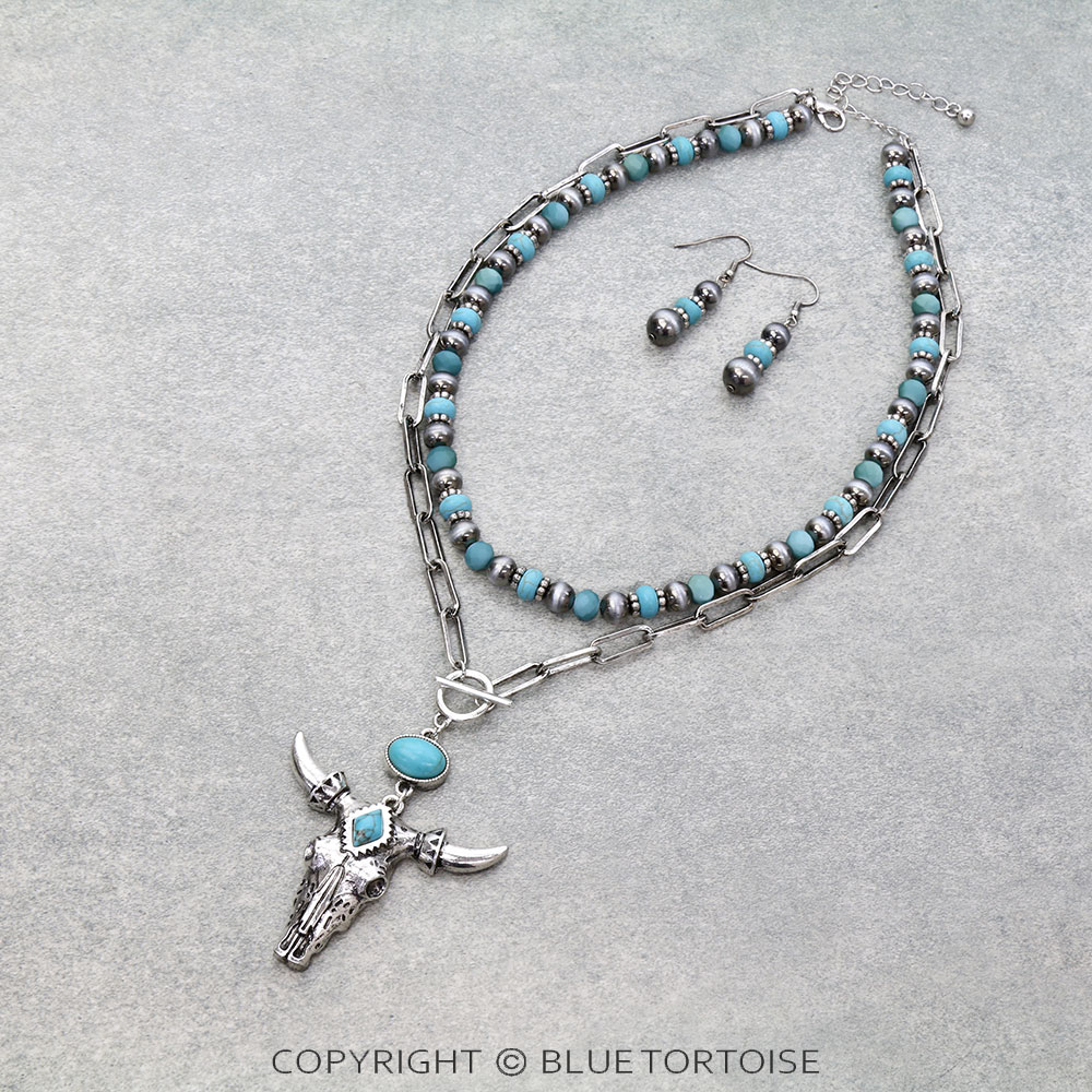 2 Layered Western Steer Skull Necklace Set