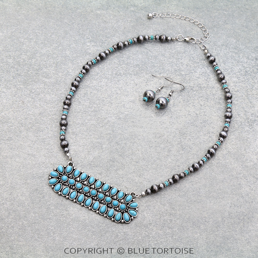 Western Concho Stone Bar Necklace Set