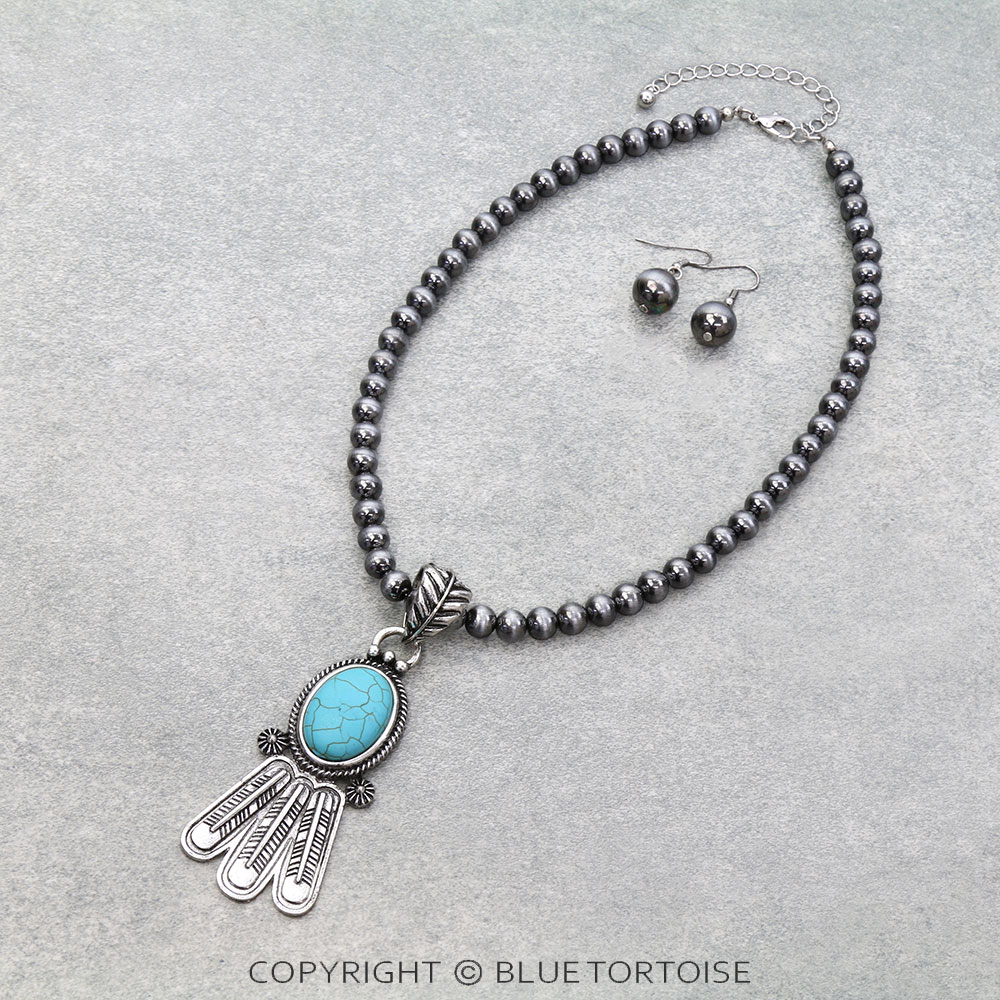 Western Feather Stone Pendant Necklace Set