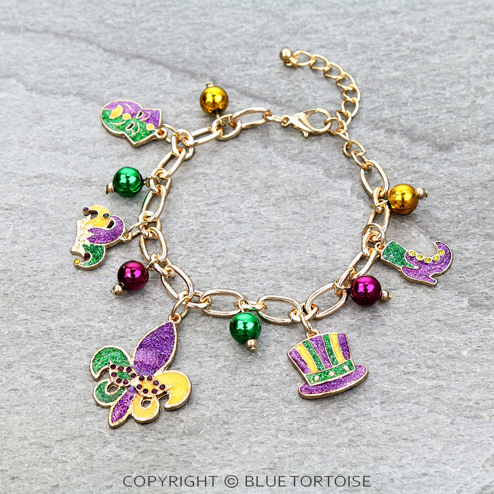 Mardi Gras/Fleur De Lis Charm Link Bracelet