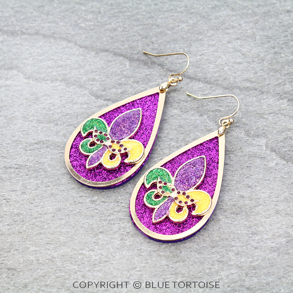 Mardi Gras/Fleur De Lis Teardrop Dangle Earrings