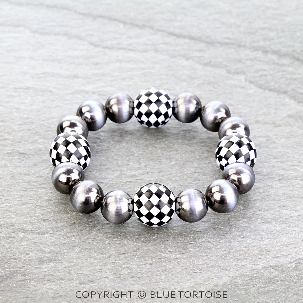 Navajo Style Pearl & Checker Bead Stretch Bracelet