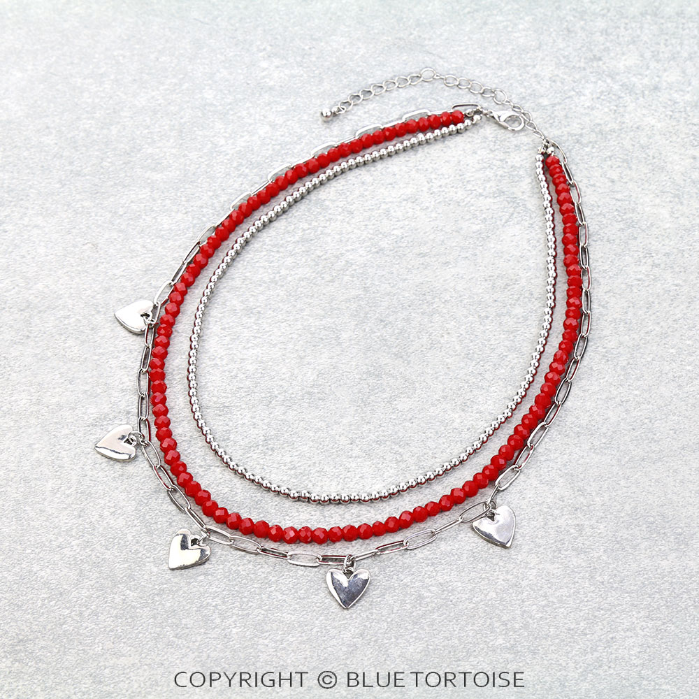 3 Row Mixed Beaded Heart Paperclip Chain Necklace