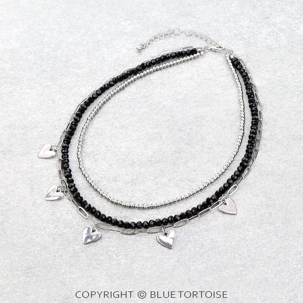 3 Row Mixed Beaded Heart Paperclip Chain Necklace