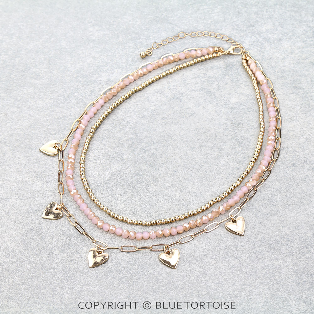 3 Row Mixed Beaded Heart Paperclip Chain Necklace