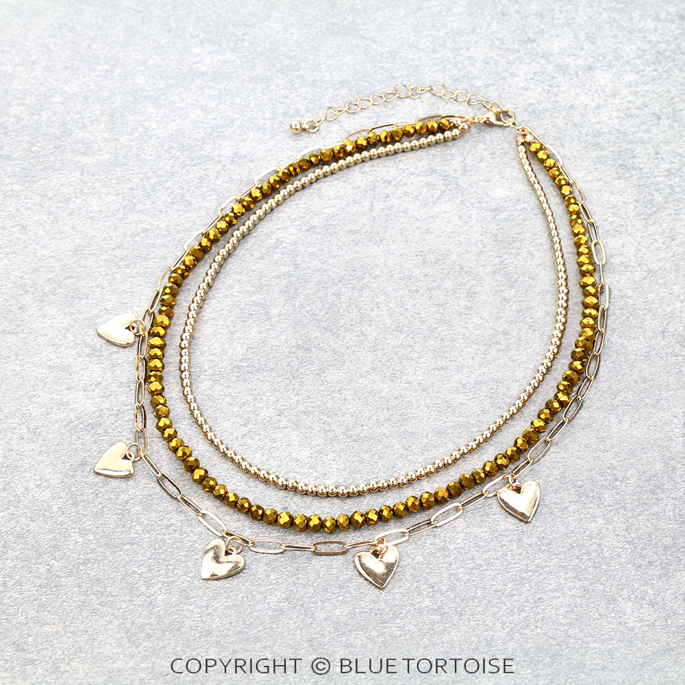 3 Row Mixed Beaded Heart Paperclip Chain Necklace