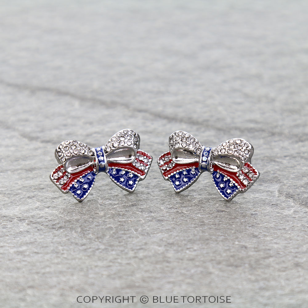 Patriotic Enameled Pave Stone Bow Stud Earrings