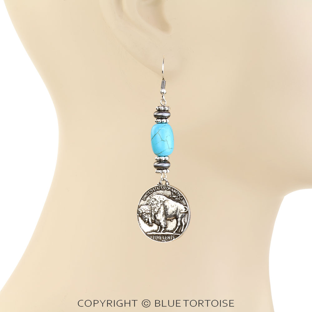 Western Coin Stone Dangle Earrings - Image 2