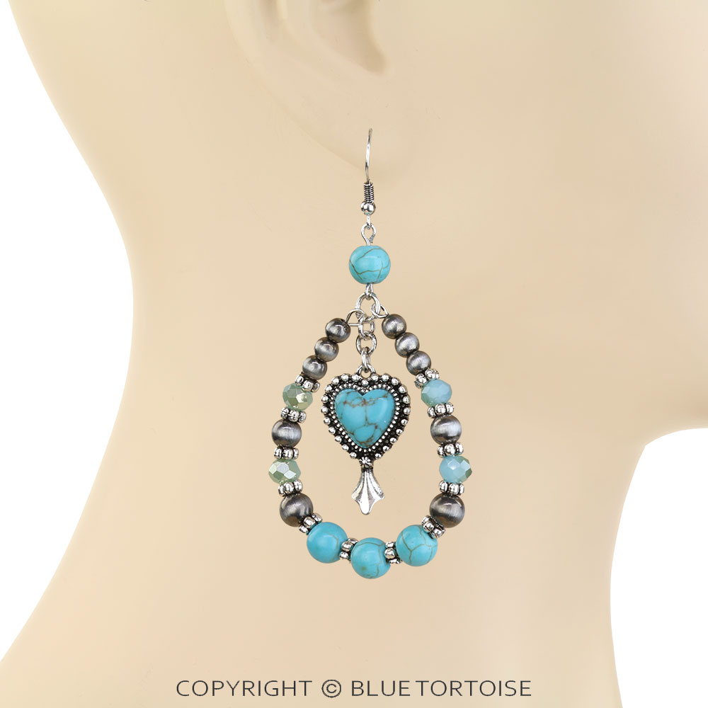 Western Navajo Style Pearl & Heart Stone Dangle Earrings - Image 2