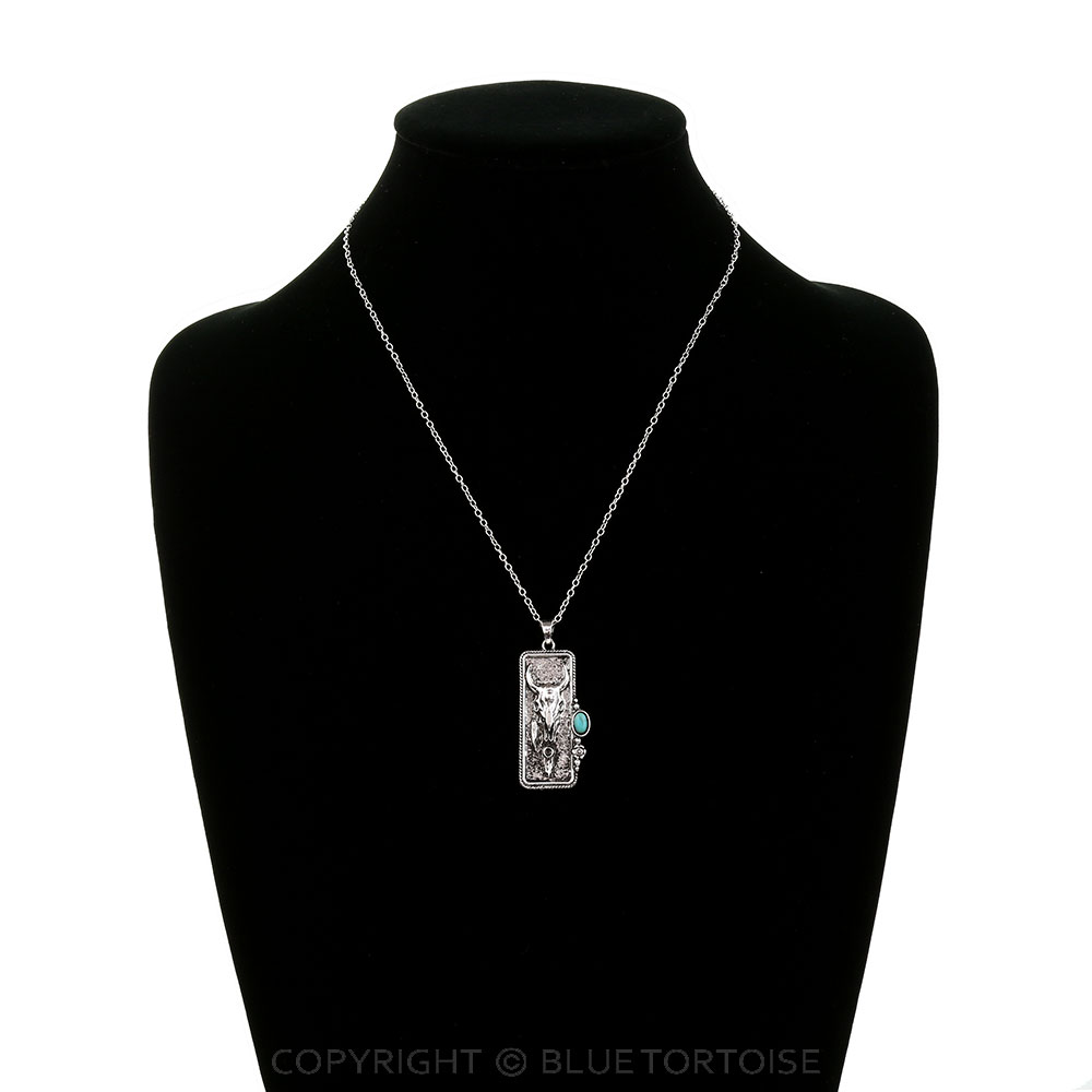 Western Steer Skull Rectangle Pendant Necklace - Image 2