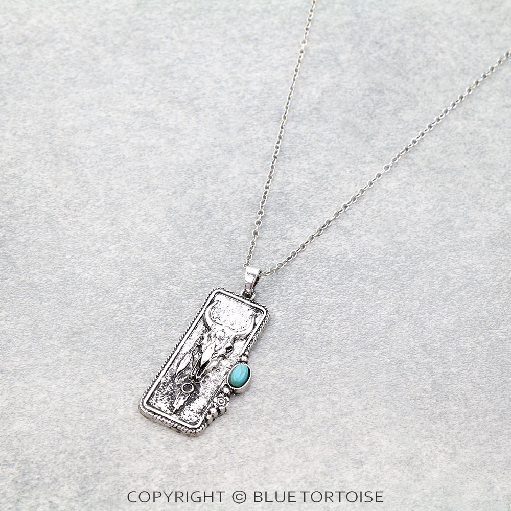 Western Steer Skull Rectangle Pendant Necklace