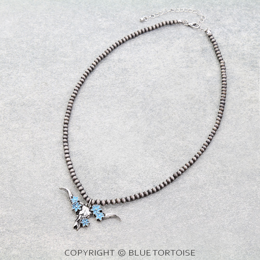 Western Floral Steer Skull Pearl Necklace